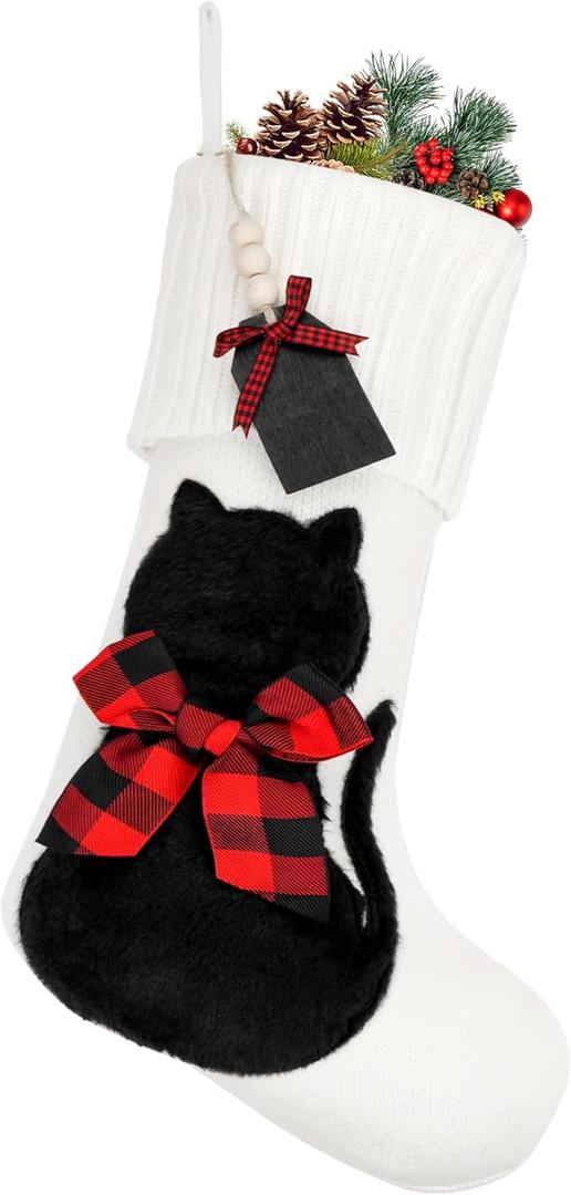 Personalized Cat Christmas Stockings,19" White Knit Christmas Stockings for Cat, Pet Hanging Christmas Stockings with Names Tags for Cat Christmas Decorations Pets Gifts Home Party Family Decoration