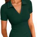 VICHYIE Womens Long Sleeve Shirts Lapel Collared V Neck Slim Fitted Ribbed Knit Trendy Tight Polo Tops, M