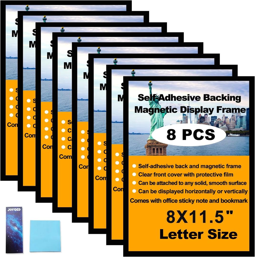 Magnetic Sign Holder 8.5 x 11 Inch for Wall Mounting, Double-Sided Display, Self-Adhesive Frame, Ideal for Office, School, and Business Use, 8 Pack - Black