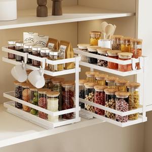 Magheo Pull Out Spice Rack Organizer for Cabinet, 2 Pack Metal Seasoning Organizer Slide Out Spice Storage Shelf No Assembly Vertical Spice Rack Pullout for Kitchen & Bahthroom No Drill(2 Tier,White)