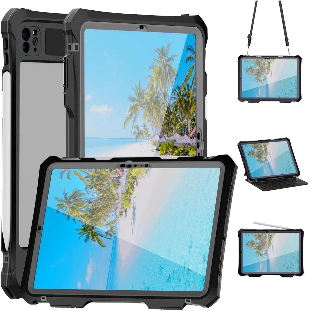 Compatible with iPad Pro 11 inch M4 2024 Waterproof Case,360 Protective Military Drop-Proof,with Strap Stand,Clear Screen Protector,Built-in Pencil Holder for iPad pro 11 2024 Cover-Black
