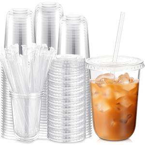 100 Sets Clear Plastic Cups with Lids and Straws, Disposable Iced Coffee Cups Clear Drinking Cups for Cold Drinks, Juice, Smoothie, Pet Cup for Coffee Shops, Party, Christmas(16 oz)