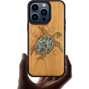 Carveit Wooden Case for iPhone 15 Pro Magnetic Case, Compatible with MagSafe Wireless Chargers, Shockproof Cover, Handmade Shell Inlaid & Wood Artisan Engraved (Sea Turtle) Cherry