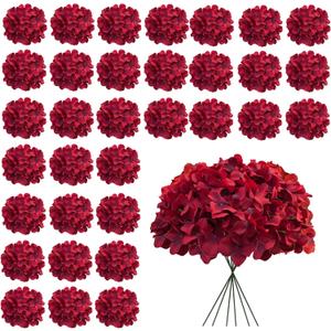 Cherica Dark Red Hydrangea Artificial Flowers Bulk, 30 Pcs Faux Hydrangea Flowers Heads, Artificial Fake Silk Hydrangea Flowers with Stems, Red Flowers Artificial for Decoration Wedding Dcor