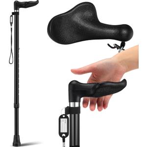Geiserailie Orthopedic Walking Offset Cane with ID Tag Fit Individual's Palm Naturally Lightweight Adjustable Cane for Arthritis Carpal Tunnel Syndrome Mobility Aids, Black