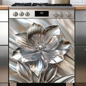 Embossed Silver Flower Magnetic Dishwasher Cover 23x26 Crystal Jeweled Center, Reusable Refrigerator Door Panel Decal, No Adhesive Wrap to Hide Scratches Dents, Kitchen Decor