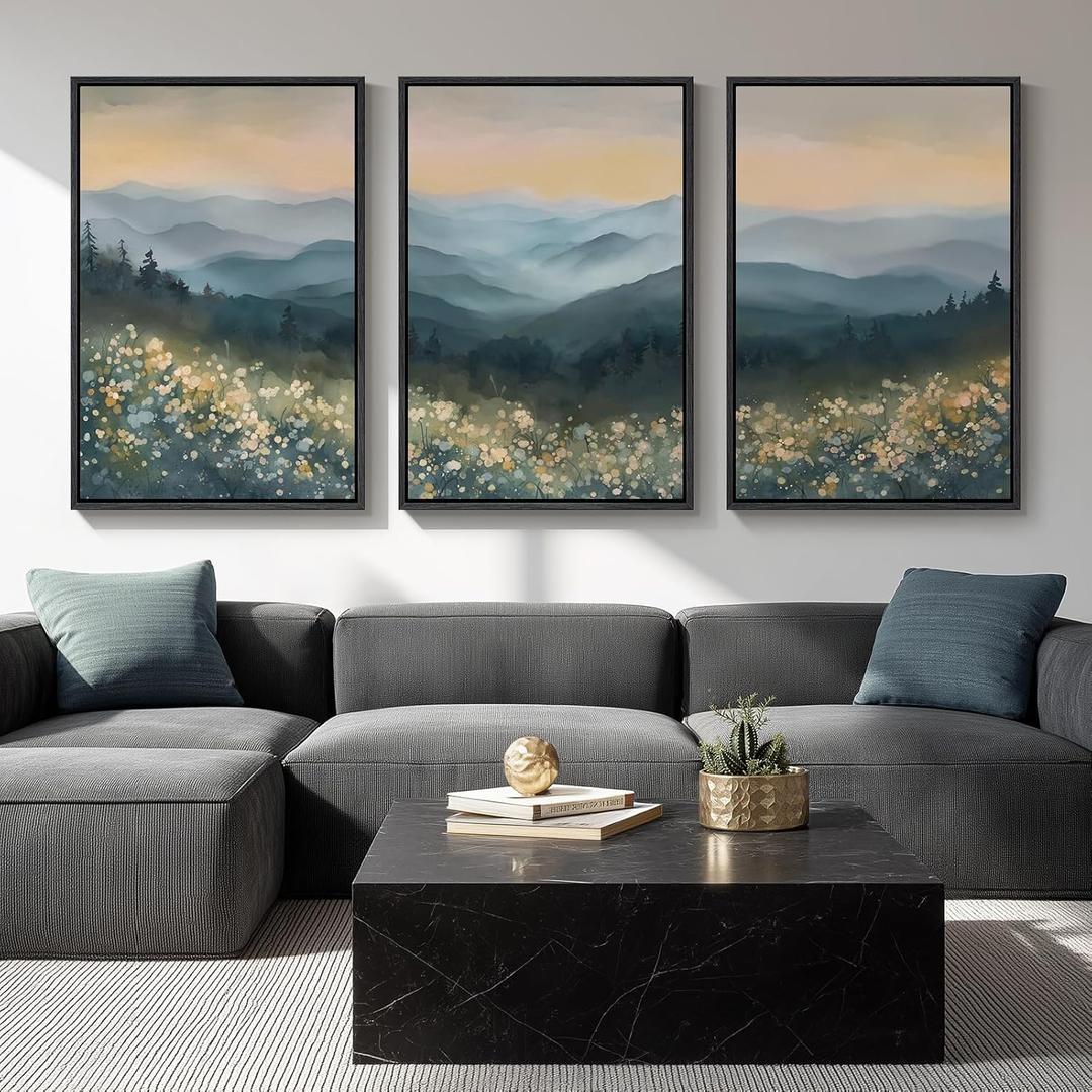 Framed Mountain Landscape Wall Art for Living Room, Large Watercolor Wildflower Scenic Artwork for Walls, 3 Piece Boho Foggy Nature Aesthetic Canvas Painting Print for Bedroom Office Kitchen, 24x36 In