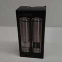 Electric Salt and Pepper Grinder Set - Battery Operated, Stainless Steel Shakers with Adjustable Fine & Coarseness, One Handed Operation, LED Light & Complimentary Mill Rest Tray ((AA) Pack of 2)