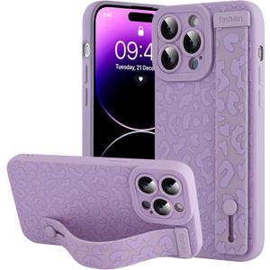 OOK Compatible with iPhone 15 Pro Max Purple Leopard Case with Wrist Strap, Leopard Cheetah TPU Shockproof Protection Slim Silicone Cover with Camera Lens Protection for Women Girls, for 6.7inch