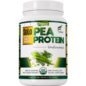 SOLO Organic Pea Protein Isolate, Low in Sodium, Canada Grown Peas, 100% Vegan, Non-GMO, Unflavored Plant Based Protein Powder with BCAA, Keto & Paleo Friendly, Easy to Digest, No Additives (2.7 lbs), BBD: 08/2027