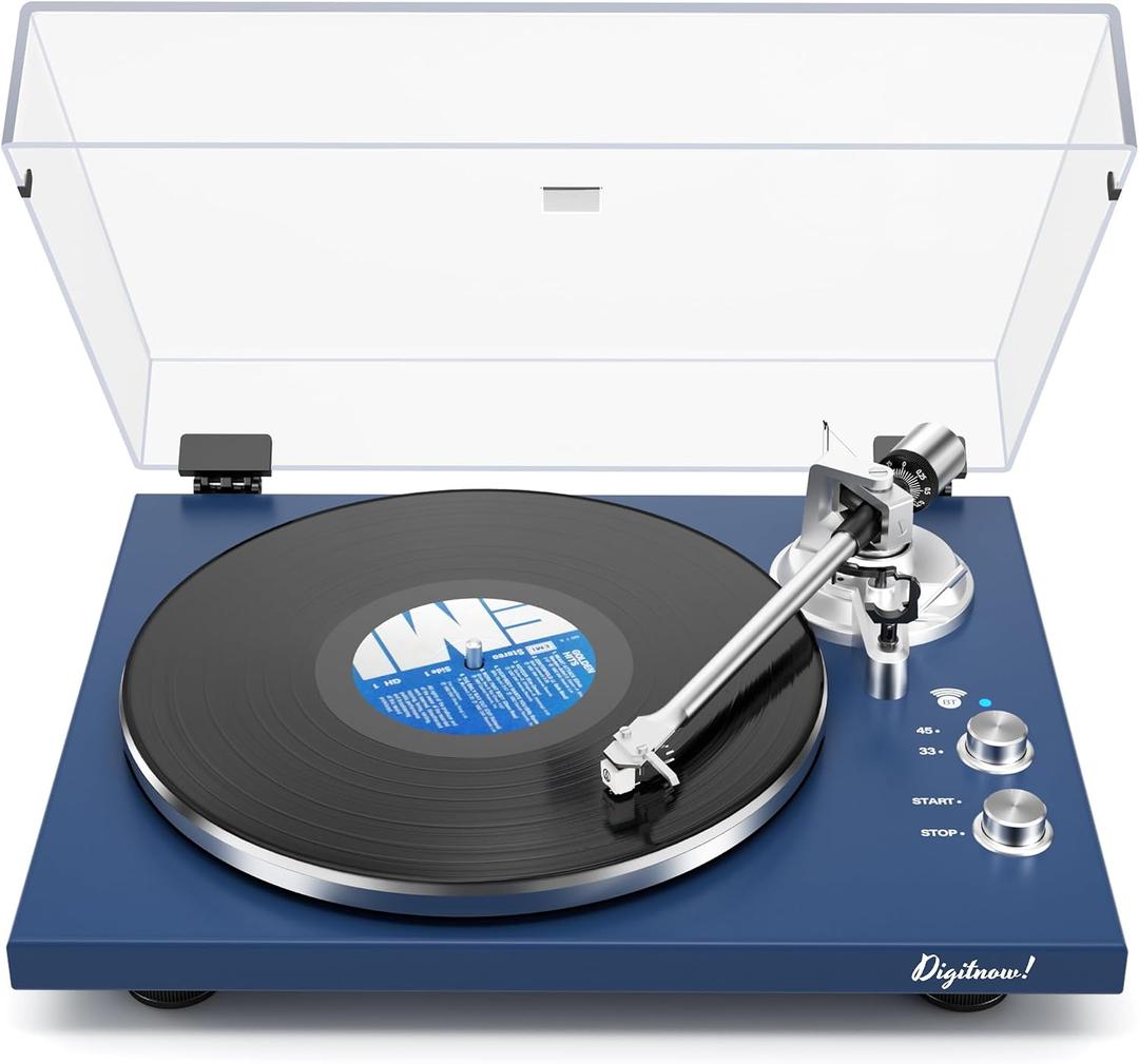 Belt Drive Turntable for Vinyl Record Player and Bluetooth Output(Blue) | Built-in Phono Preamp,USB Digital Output,Magnetic Cartridge,33/45 RPM,High-Gloss Wood Design,No Built-in Speakers