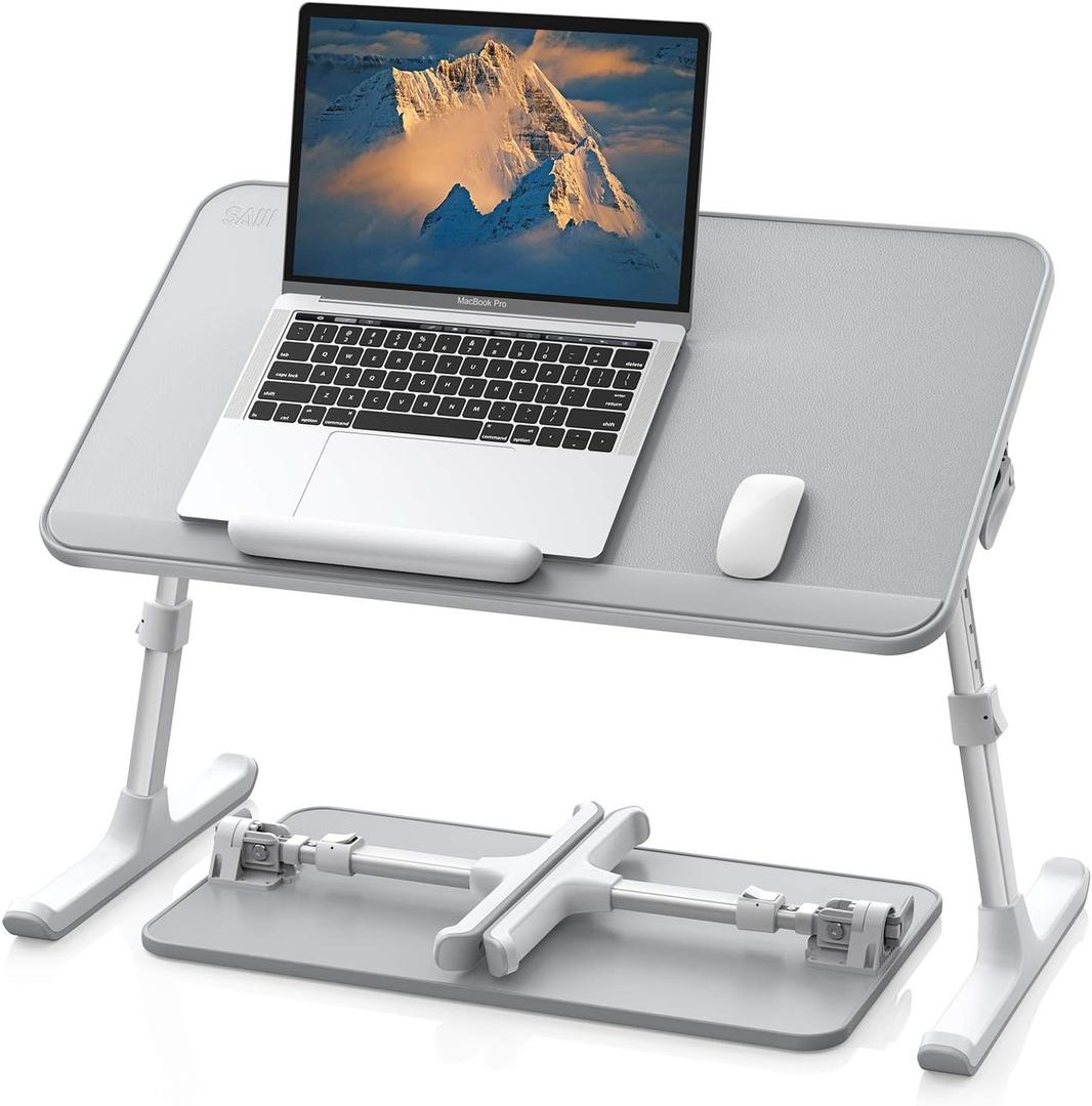 SAIJI Leather Lap Desk Laptop Bed Tray Table, Adjustable Laptop Stand for Bed, Portable Lightweight Standing Desk for Writing Eating Reading Couch Sofa Floor for Adults Kids (20.5"*11.8",Gray)