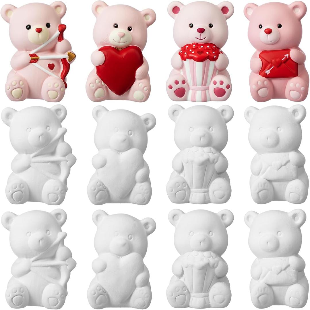 Jenaai 12 Pcs Paint Your Own Ceramic Bear Paint Craft Set Unpainted Ceramic Bears, Birthday Valentines Gifts,4 Styles