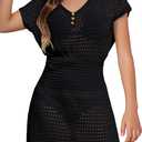 Haloumoning Girls Crochet Swim Beach Cover Up Kids Fashion Button Short Sleeve Swimsuits Cover Ups 5-14 Years (13-14 Years, Black)