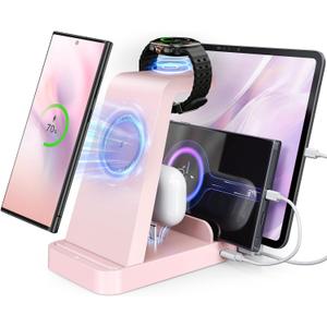 5 in 1 Wireless Charger for Samsung, Wireless Charging Station for Multiple Devices, Fast Charger Stand for Samsung Galaxy S25 Ultra S24 S23 S22 S20 Note 20 10 Z Fold 7 6 Galaxy Watch 7 6 5 Buds, Pink