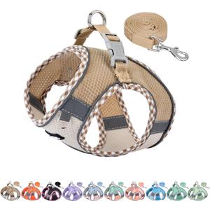 AIITLE Teacup Puppy Harness with Leash - Adjustable Soft Vest with Magic Tape & Reflective Safety Strips, Easy-Put-On for Poodles, Pomeranians - Gym, Hiking, Travel (Brown-Beige, S)