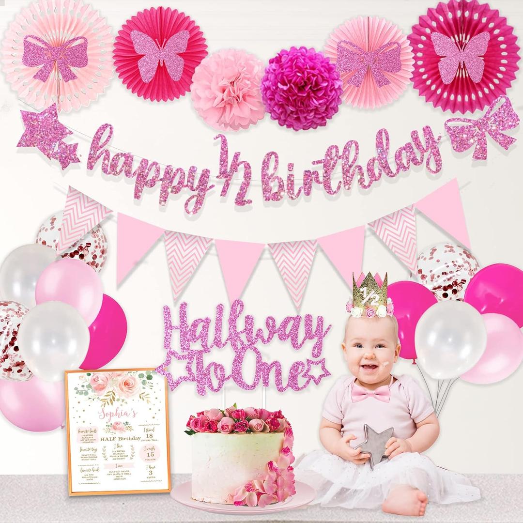 Half Birthday Decorations Baby Girl, Hombae 12 Birthday Decorations Supplies, 6 Months Birthday Decorations, Pink Rose Gold Glitter Half Birthday Banner with Triangle Flag Banner, 12 Birthday Hat