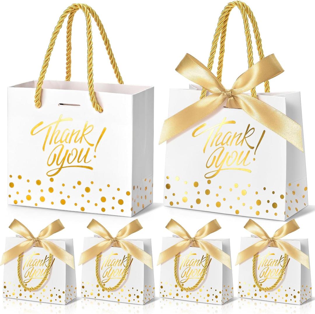 EQOREIIN Small Thank You Gift Bags 50pcs 5.5x2.5x4.7 Inches Small Gift Bags with Handles Bow Ribbon White Paper Bags for Party Favor, Mother's DayValentine's Day, Wedding, Baby Shower (White)