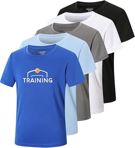 TAGIHOO 5 Pack Boys Mesh Athletic Quick Dry Short Sleeve Workout Moisture Wicking Active T-Shirt for Kids(YH-A, M)