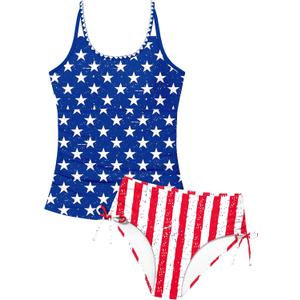 Girls Swimsuit Tankini Two Piece Bathing Suit Square Collar Cross Back Swimwear with Printed Drawstring Bottoms 9-16Y