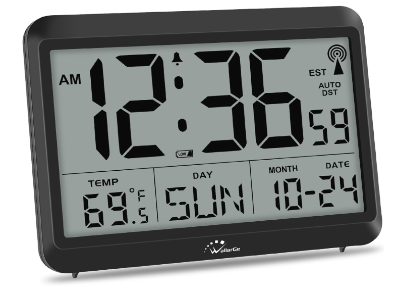 WallarGe Atomic Digital Wall Clock Battery Operated, Self-Setting, Large Display with Temperature, Date, Day of The Week, Silent Wall Mount Digital Clock, 4 Time Zones, DST
