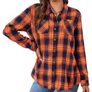 Women's Fall Winter Flannel Long Sleeve Button Down Casual Plaid Shirt XL Orange Navy