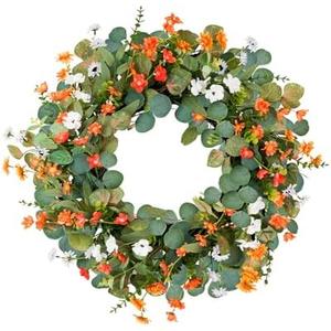 DDHS Summer Wreaths for Front Door,24 Inch Large Eucalyptus Wreath with Boxwood Leaves Three Colors of Chrysanthemums All Year Round Wreath for Indoor Outdoor Porch Farmhouse Decoration