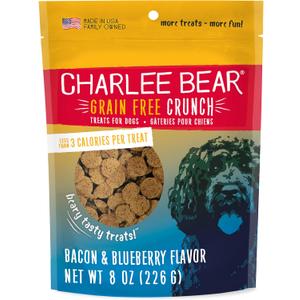 Charlee Bear Crunch Grain Free Dog Treats, Bacon and Blueberry, 8 Ounce Resealable Bag, Low Calorie Training Treats for Dogs, Limited Ingredient, Healthy, Crunchy Dog Snacks, Made in USA