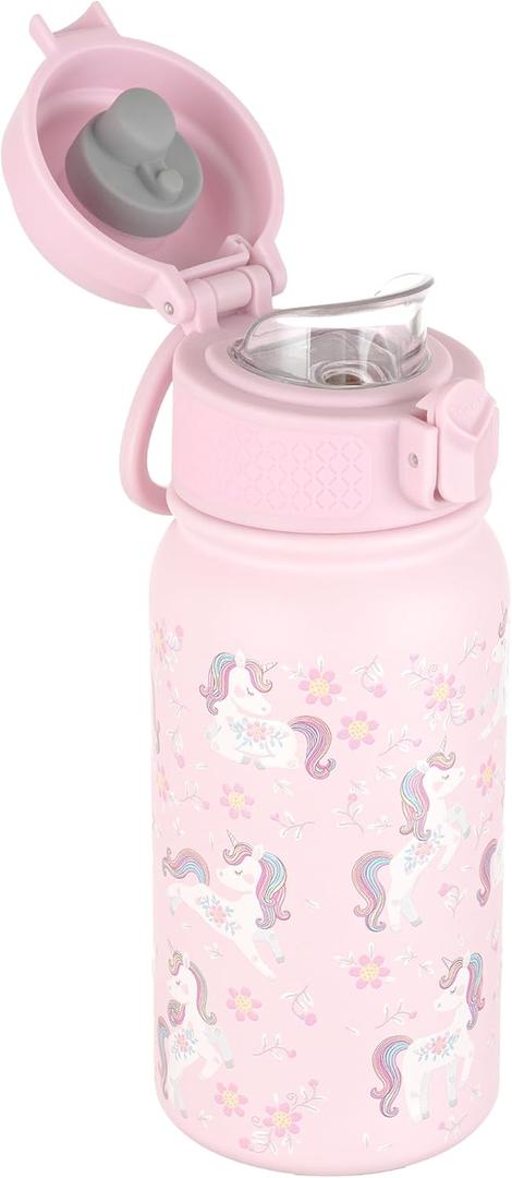 GOPPUS 12oz Kids Water Bottle  BPA-Free, Leak-Proof, Insulated Stainless Steel  Sweat-Proof, Reusable for School, Sports, and Outdoor Activities (Pink unicorn)