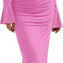 ZESICA Women's 2026 Fall Long Sleeve Ruched Knit Bodycon Maxi Dress Cowl Neck Back Slit Formal Wedding Guest Cocktail Dresses (Pink, S)
