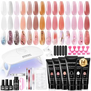 JEWHITENY 14 PCS Poly Nail Gel Kit Poly Extension Gel Kit Starter Kit With Slip Solution Professional Extension Set With LED Lamp Nail Art Design Beginner All In One