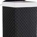 YOUDENOVA Handwoven Laundry Basket Hamper with Removable Liner Bag and Lid, Collapsible Clothes Hamper with Handle, Black, 90L