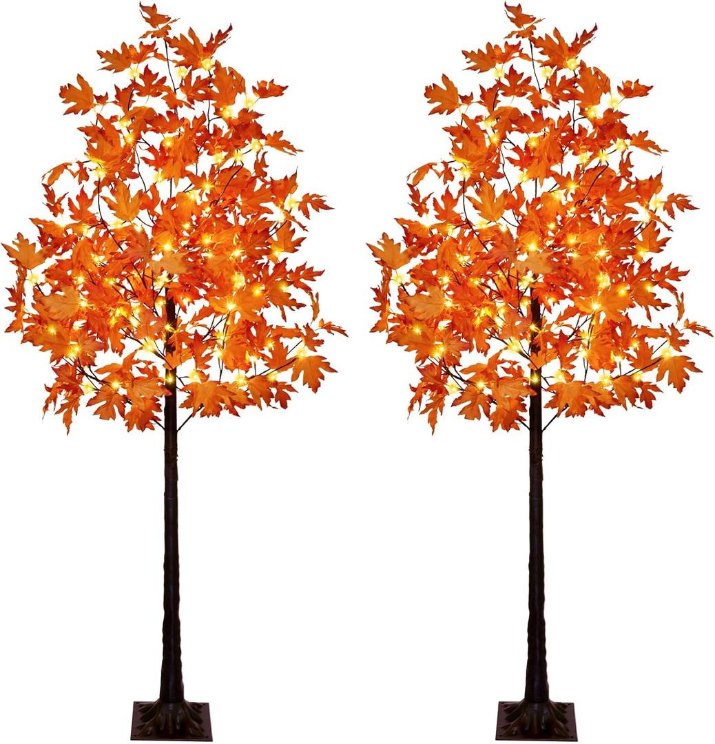 Set of 2 6FT 120LED Artificial Lighted Maple Tree Warm White Fall Decorations Indoor Outdoor, Orange