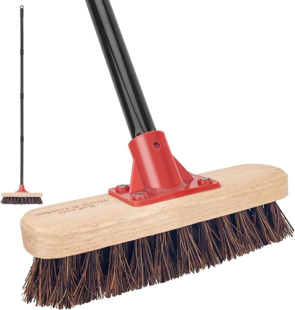 Deck Brush with Long Handle, 52'' Palmyra Bristle Scrub Broom for Boat, Patio, Garage, Concrete, Shower, Bathroom Cleaning, Outdoor Floor Scrubber (Wood)