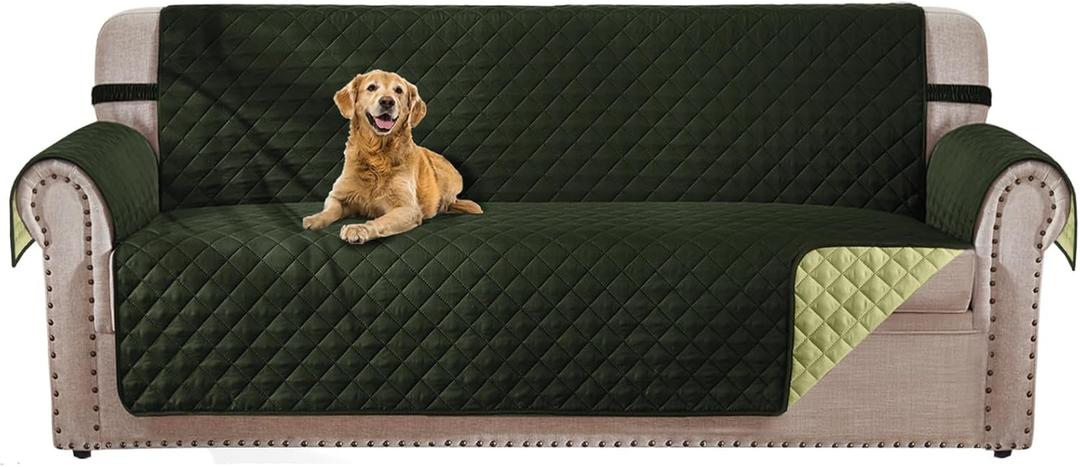 Reversible 3 Cushion Couch Cover for Dogs Water Resistant Washable Pets Furniture Protector Sofa Cover with Elastic Straps (Sofa 68", Dark Green/Light Green)