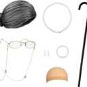 Old Lady Costume for Kids Women Grandma Wig Kids Old Lady Wig and Glasses, Granny Wig Old People Walking Cane, Faux Pearl Bead Necklace Grandma Costume for 100 Days of School Costume Parties (Grey Bun)