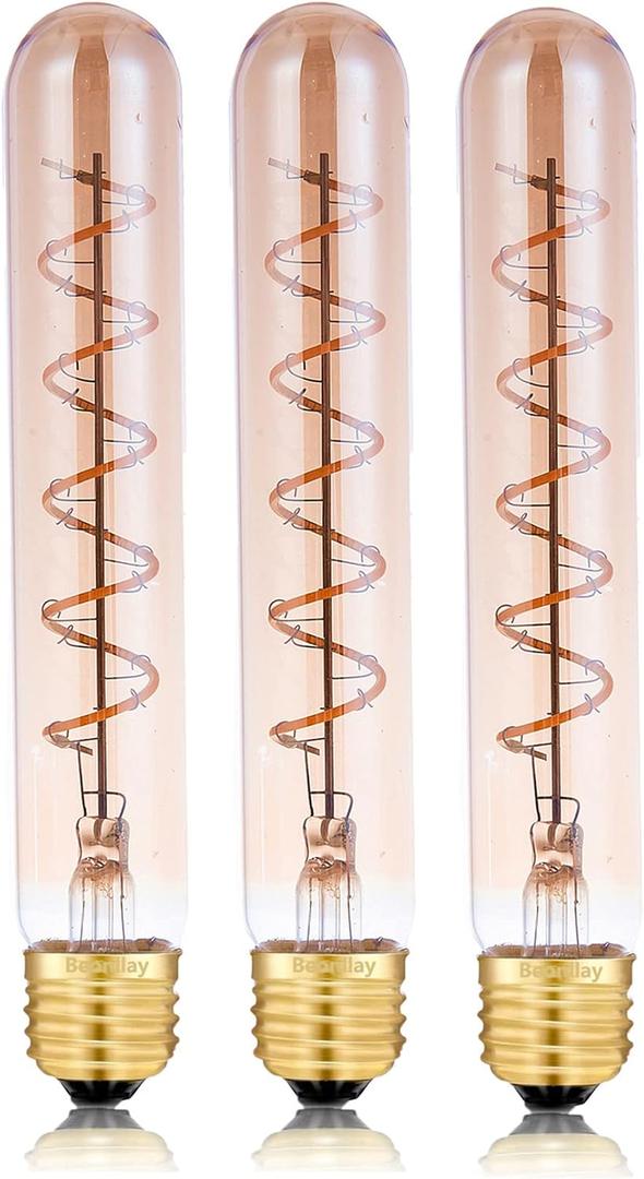 Dimmable 4W Tube LED Eison Bulb, T10 Vintage Long LED Bulb 40 Watt Equivalent Warm White 2700K, E26 Medium Base Amber Colored 7.3 Inch Long tubular edison bulb, 3 Pack