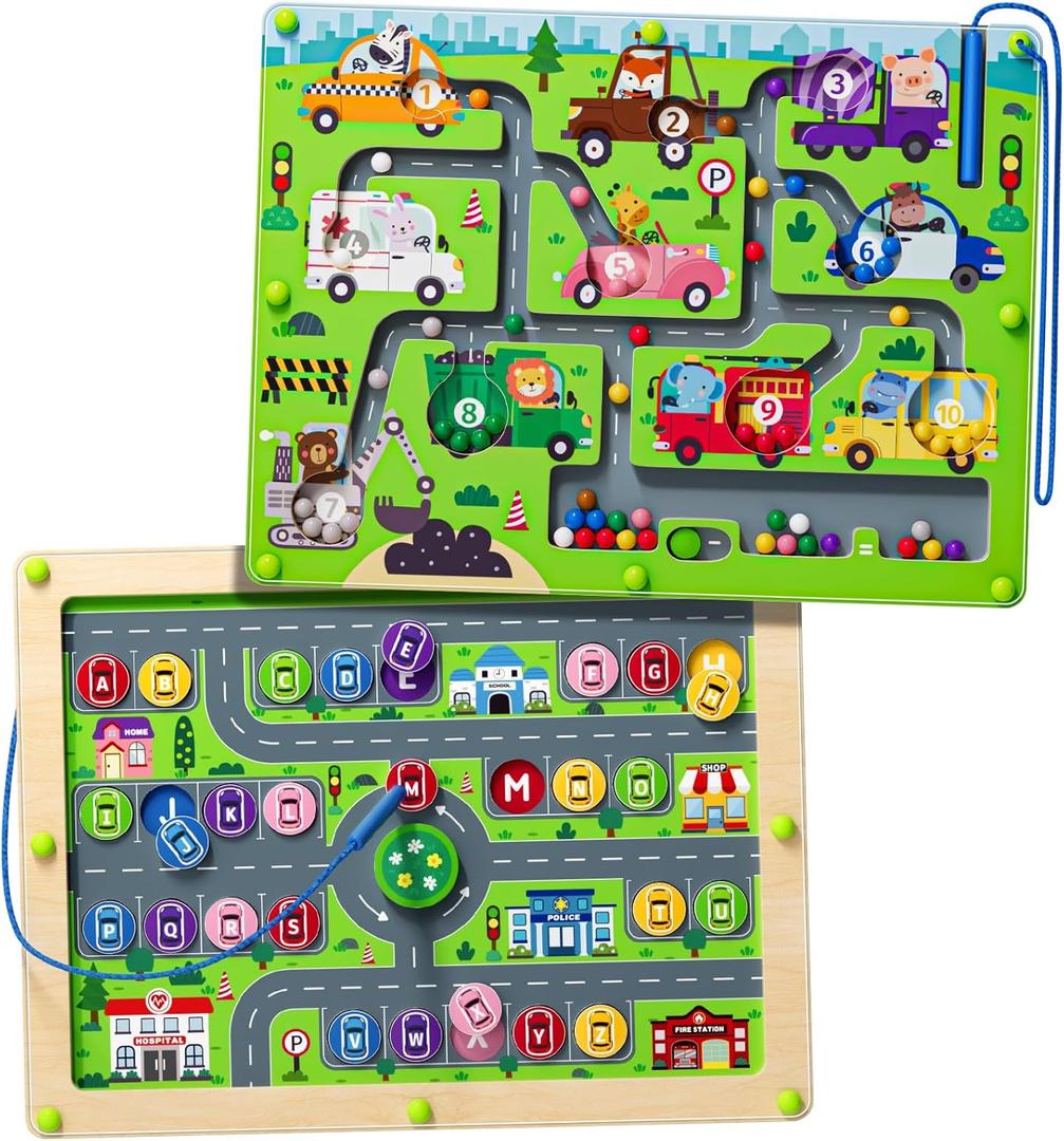 Magnetic Maze 2 in 1 Double Side Color and Number Maze Alphabet Puzzle Board for 3-5 Boys and Girls Kids Montessori Educational Toys (Car, One Size)