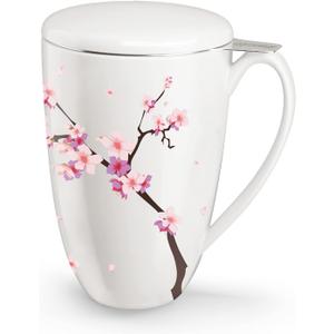 Tea Cup with Infuser and Lid for Steeping Loose Leaf Tea Bag Coffee Milk Women Office Home Gift 16oz Peach Blossoms