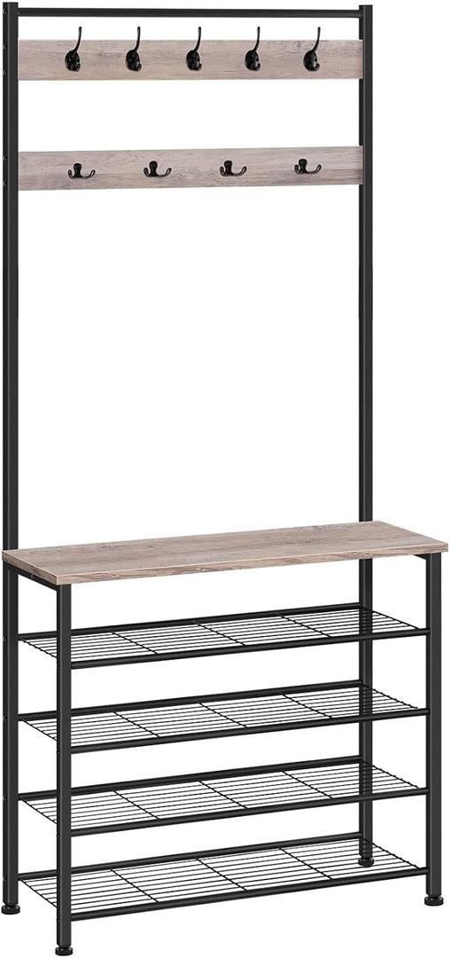 HOOBRO Hall Tree, Coat Rack with Shoe Rack, Hall Tree with Bench, 5 Tier Shoe Storage Organizer with 9 Hooks for Entryway, Closet, Sturdy, Industrial, Greige and Black BG80MT01G2, 31.5"L x 12.6"W x 74.8"H