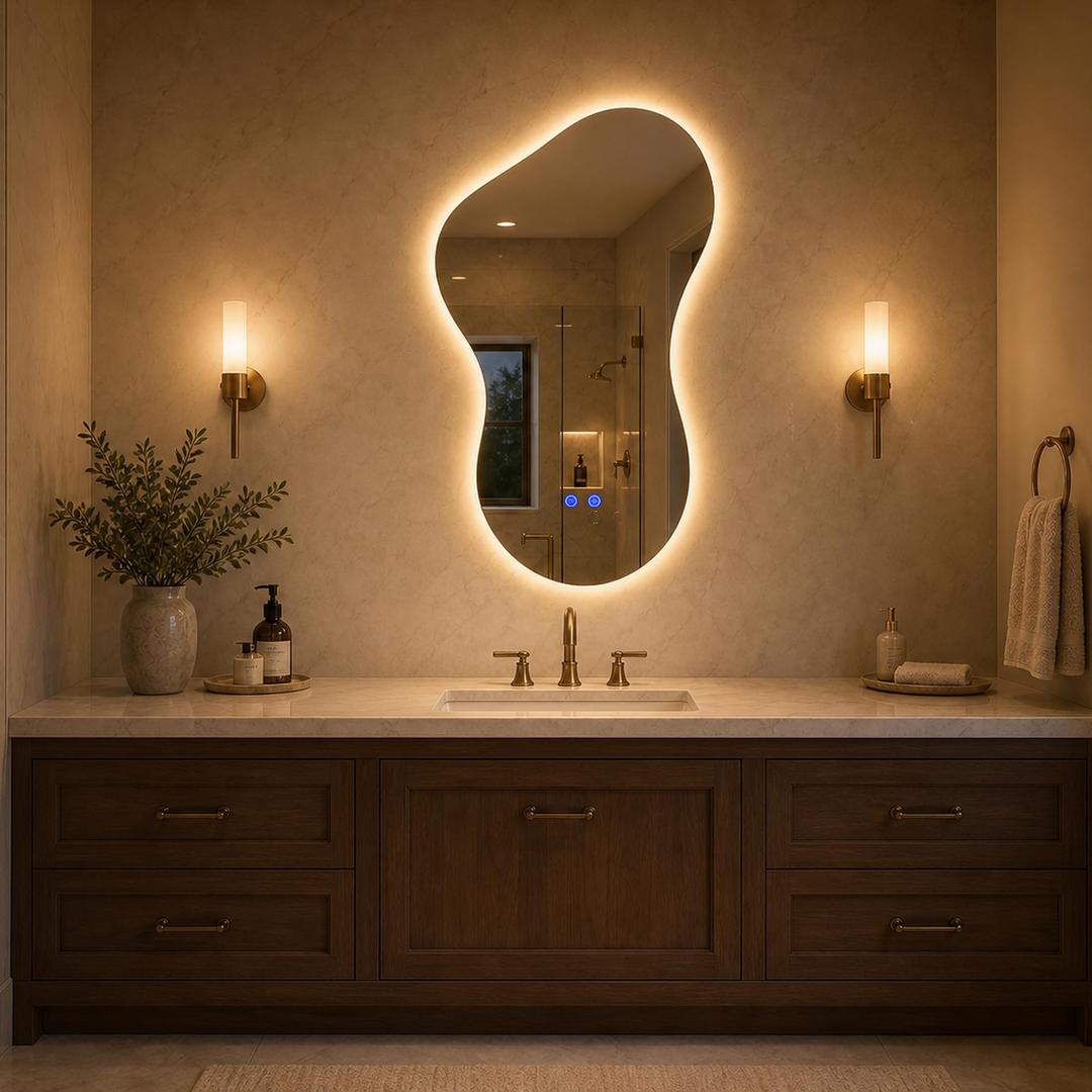 Irregular Led Bathroom Mirror with Lights 20x32 Inch, Backlit Asymmetrical Led Bathroom Mirror for Wall, Lighted Vanity Mirror with Lights, Anti-Fog, Dimmable 3 Colors, Shatter-Resistant