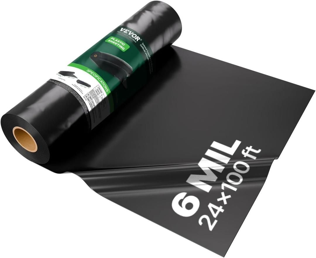 VEVOR 24' x 100' Plastic Sheeting Heavy Duty, 6 Mil Thick Plastic Sheeting Roll, Plastic Drop Cloth Painters Tarp, Polyethylene Covering for Crawl Space Vapor Barrier, Multi-Purpose, Black
