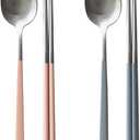 304 Stainless Steel durable Lightweight Korean-style Beautiful Cutlery Spoon and Chopsticks Set Scratch Resistant 2Pieces (Gray+Peach Pink)