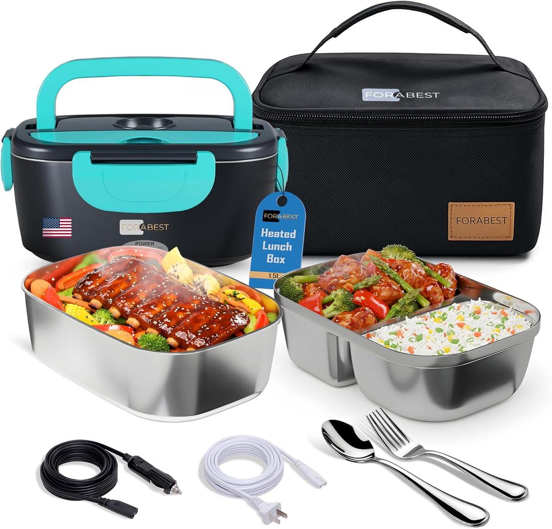 FORABEST Heated Lunch Box - 80W Electric Lunch Box - Portable Food Warmer with 2 Stainless Steel Containers 1.5L, Carry Bag & Leakproof Lid - 12V/24V Car/Truck & 110/220V Home/Office - Neon Blue