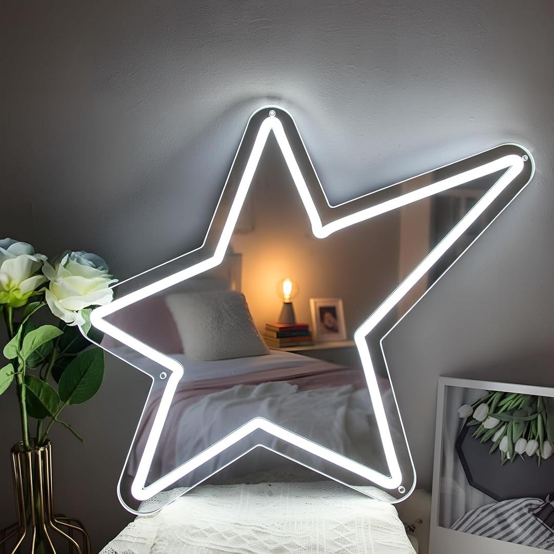 Bucherry Star Neon Mirror Sign, Star Room Mirror, Powered USB LED Light in White, 12"x15" Decorative Wall Decor Ideal for Bedroom, Party, Studio, Store Decor Great Birthday, Christmas Gifts