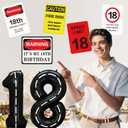 Roetyce 18th Birthday Decorations for Girls Boys, Caution Logos Happy 18th Birthday Banner Balloons Hanging Swirls Kit, Funny 18 Years Old Wall Signs Adult, Black Red 18 Zone Party Backdrop Decor