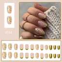 3 x Gold French tips Press on Nails Medium Almond Fake Nails with Design Golden Glitter Glue on Nails Reusable Foil Nail Glossy Nude False Nail for Women Girls Manicure 24pcs
