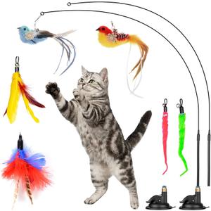 Interactive Cat Feather Toy with Suction Cup 10-Piece Set Including 2 Detachable Wands & 6 Replacement Teasers, No-Marking Vacuum Base for Indoor Play