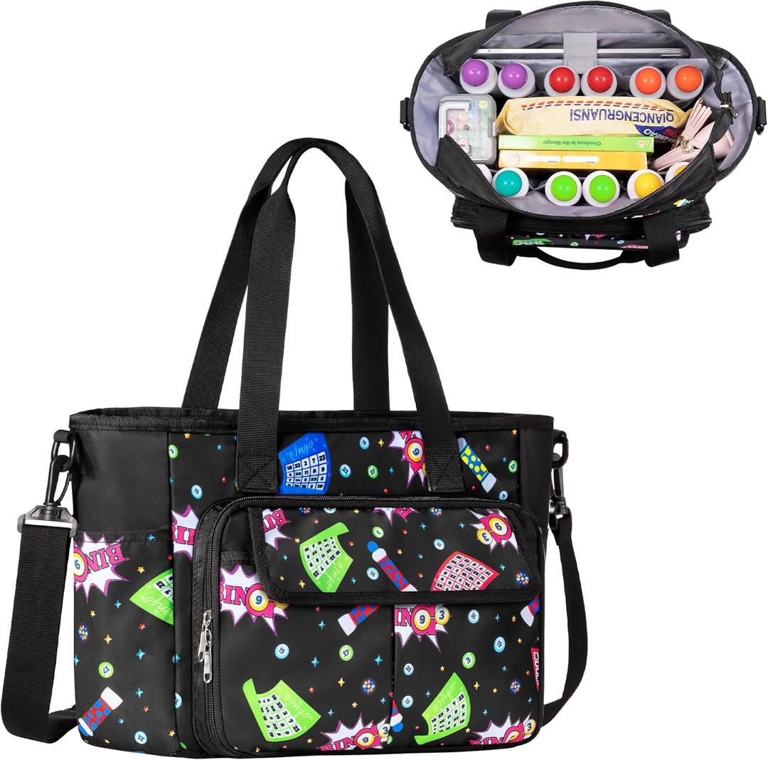 Bingo Bag with Pockets, Bingo Dauber Dabber Bag with Shoulder Strap for Bingo Game Accessories and Supplies, Black