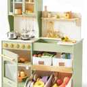 Tiny Land Wooden Play Kitchen for Kids Enhanced Storage with Cabinets & Bins, Modern Toddler Kitchen Playset with Stove, Sink & Accessories, 30L x 40H x 11W inches